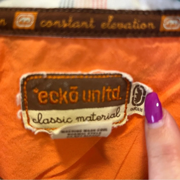 Ecko Unltd Men's Short Sleeve Button Up Collared Plaid Shirt Cream\Orange L - Picture 5 of 6